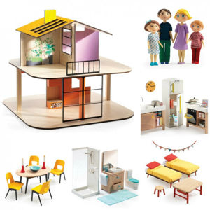 Domeček pro panenky - barevný domek - set s nábytkem a rodinou Gasparda a Romy